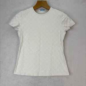 J. McLaughlin Womens Sz M White Short Sleeve Textured Geometric Knit Top Stretch